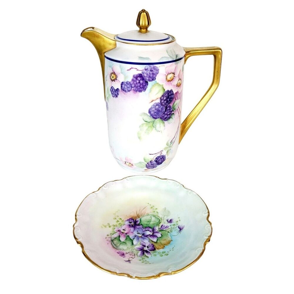 Early 1900s-1920 Silesia Germany Lusterware Porcelain Coffee Pot & Plate